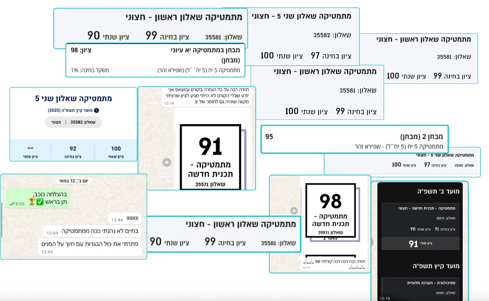 קולאז' ציונים והודעות תודה מתלמידים שקיבלו ציונים גבוהים במתמטיקה